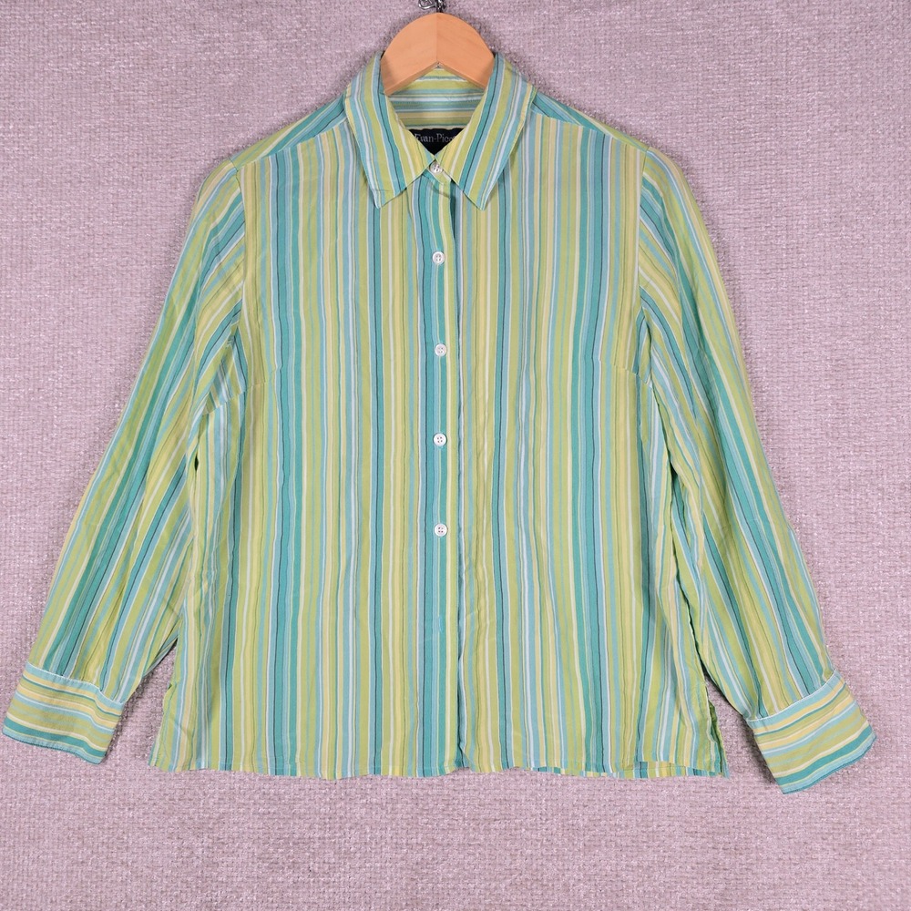 Evan-Picone Womens 100% Silk Striped Button Down Blouse Green Aqua Yellow Sz 12